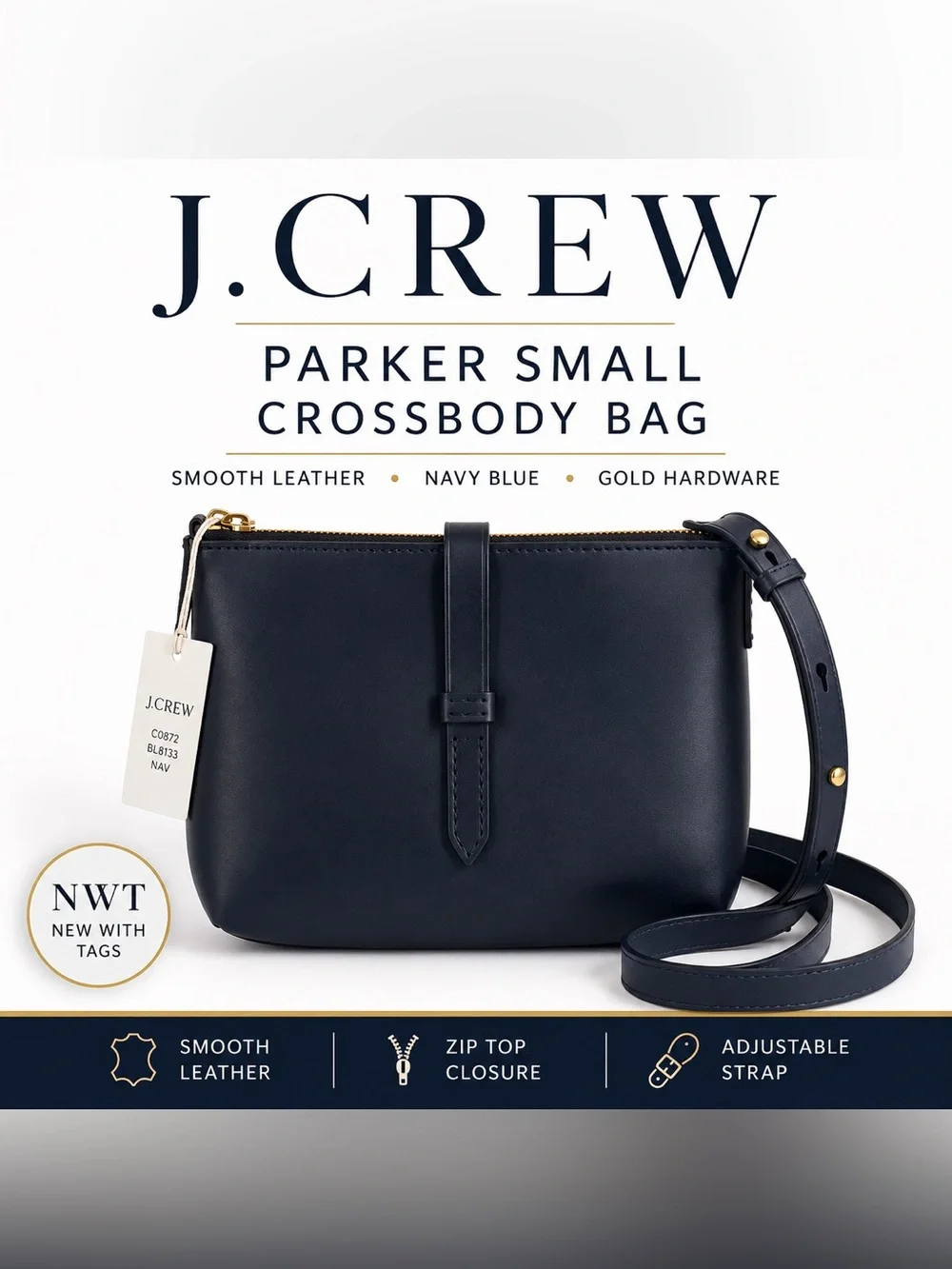 NWT J.Crew Parker Small Smooth Leather Crossbody Bag Navy Blue